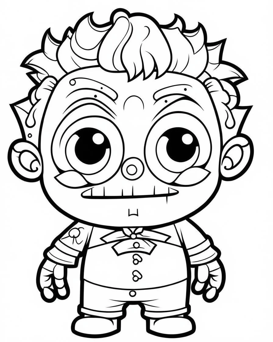 outline art for halloween coloring pages for kids with cartoon cute happy frenkeinstein , white background, Sketch style, full body, only use outline, clean line art, white background, no shadows and clear and well outlined, coloring page for kids, kawaii style