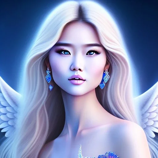 portrait of a beautiful mongolian woman with an angel face smiling,long blond hair, blue eyes, pink and blue dress, jewels, soft light aura