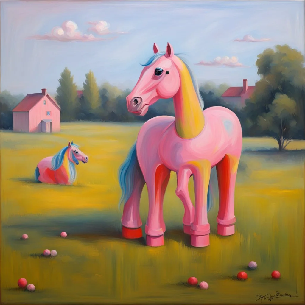 Big pink plastic toy horse.19th painting