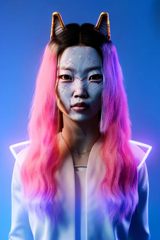 portrait, Asian cyborg woman, samurai warrior :: symmetry photography, cyberpunk style, pink hair, wires conveying, perfect eyes, samurai helmet, tiger mask, black samurai army, katana, japanese traditional ornaments, pink, white, black, glow eyes, cinematic, Ultra realistic, dark scene, soft color, highly detailed, unreal engine 5, RTX, ultra detail, 3d, finely drawn, high definition.