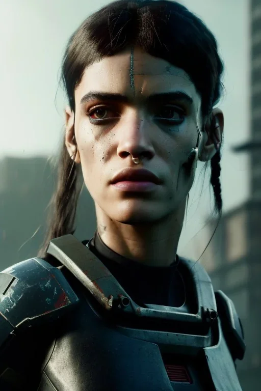 A portrait post-apocalypse cyborg Sofia Boutella in a cyberpunk city, sci-fi fantasy style, 8k, volumetric lighting, particales,highly detailed,cinematic, deep scars on face,deep colours.