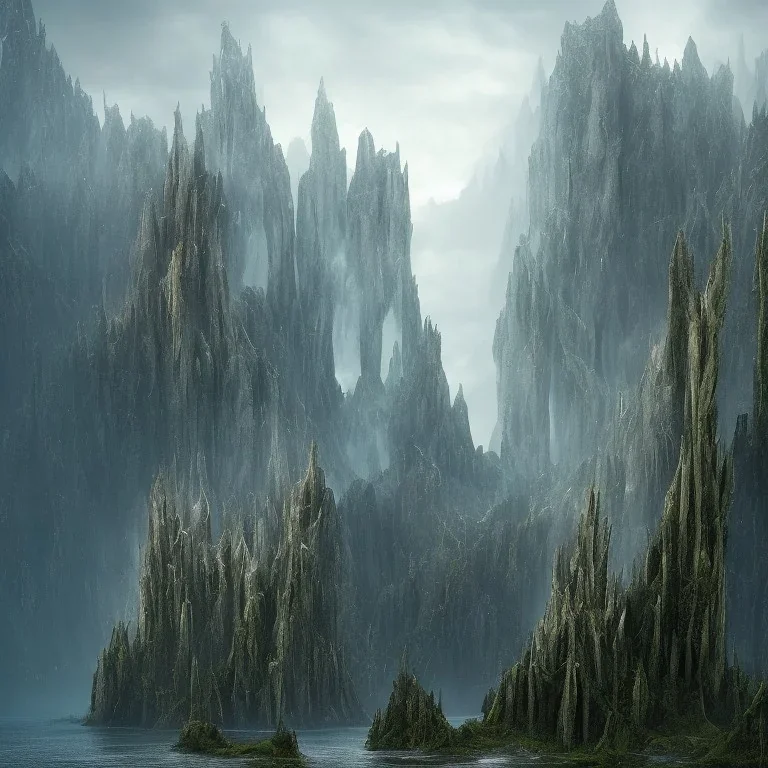 argonath statue, abandoned between moutain, swamp, water, glass, fog, highly realistic, highly detailed, intricate, 8k