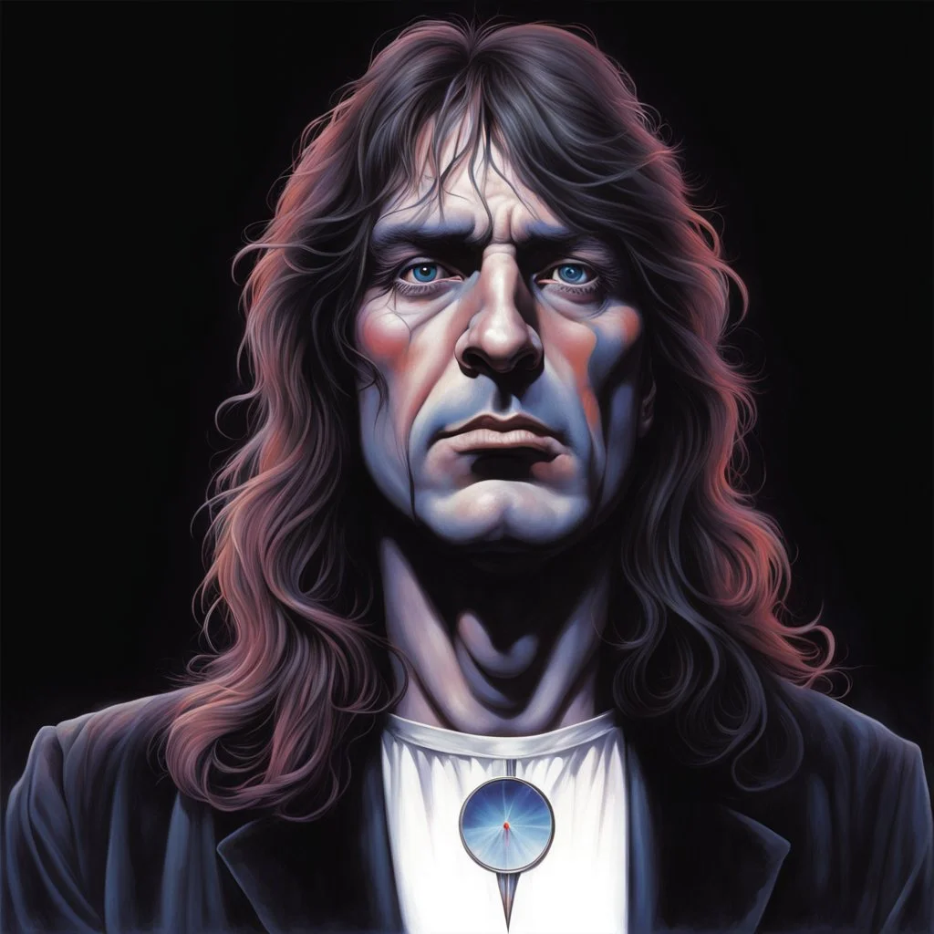 Artists Michael Whelan and Gerald Scarfe unleash a captivating portrait illustration of pink floyd's David Gilmore, his searing countenance dominating the canvas, clear eyes piercing through enveloping darkness, brilliantly grounded against the backdrop of an elusive nightmare, hyperrealistic