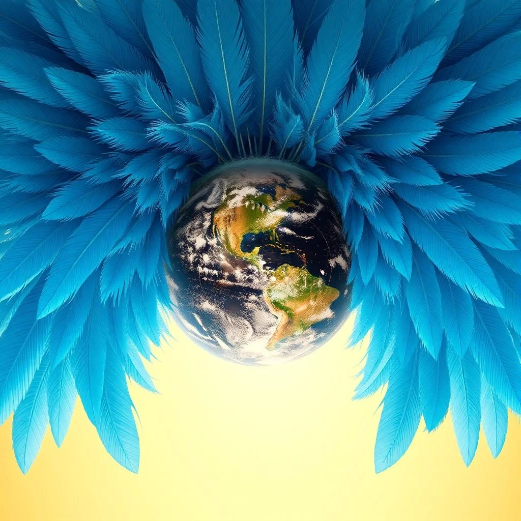 hundred azure colored feathers owith planet of the earth in golden center texture
