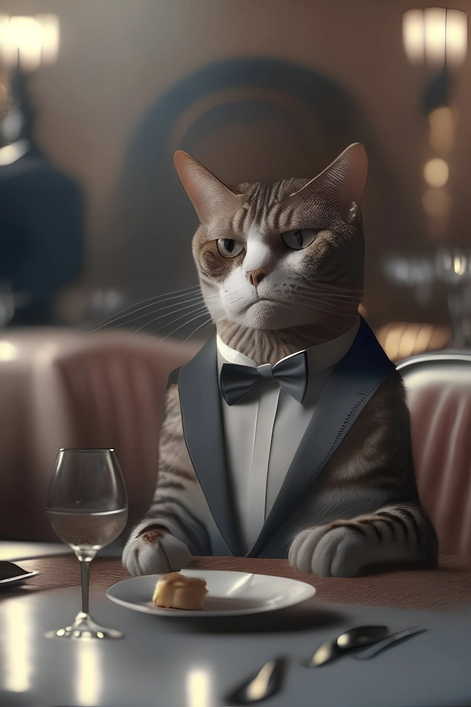 A cut cat in an elegant suit sits at a table in a five-star restaurant eating realistic photo cinematic