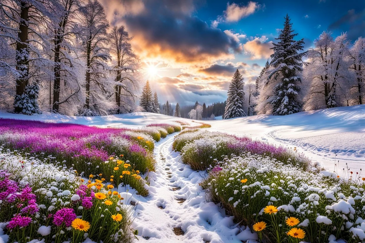 a field filled with lots of flowers next to a forest, footsteps in the snow, splashes of colors, path, very attractive and beautiful clouds, ( land ), pathway, color splashes, beautiful view, soft edges, stunning screensaver.