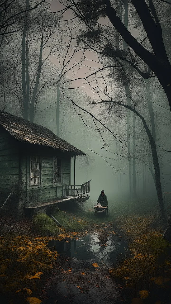 A swamp surrounded by bamboos long trees in cloudy, depressing, foggy, with a dim of light in the distance , there.is an abandoned cottage covered with leaves. A strange scary creature sitting on a rocking chair in front of the cottage
