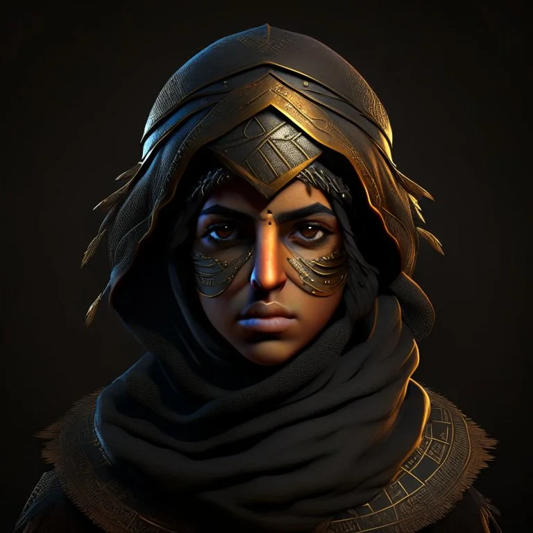 Arab warrior girl, rounded, 3D, 8k, black background