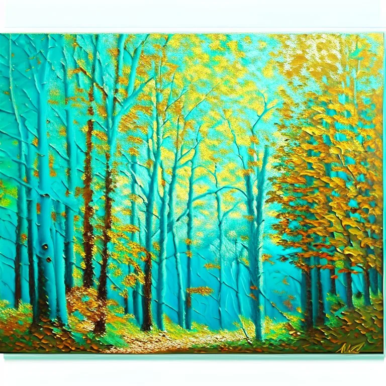 Bosque otoño árboles hojas verdes colores contrastantes hiperdetallado pintura al óleo renacentista obra de arte cielo azul crema muy claro