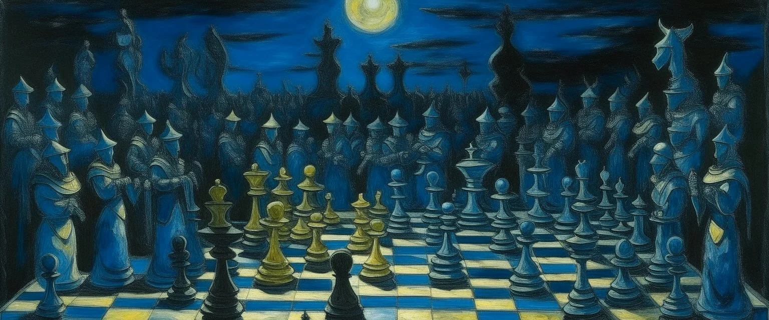 A shadowy blackish blue parade themed with chess pieces at nighttime painted by Vincent van Gogh