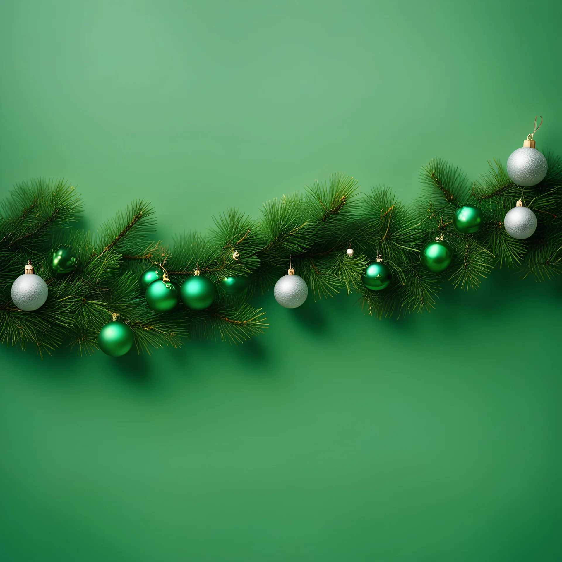 a branch of a Christmas tree on a green background with green Christmas toys