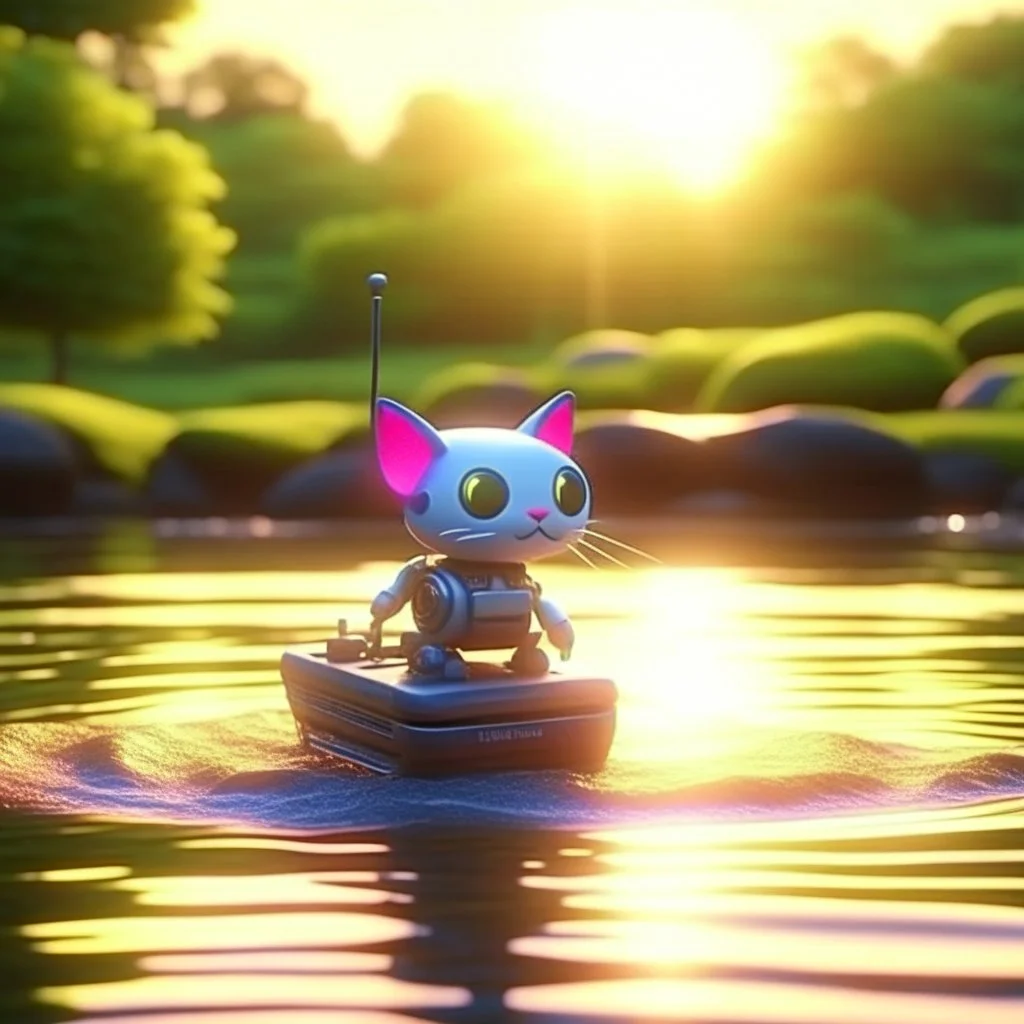 cute blessed chat robot sailing on river,catching a big fish in a river stream, 8k, downlight, soft light, depth of field, photorealism, trending on art station, lotsa detail