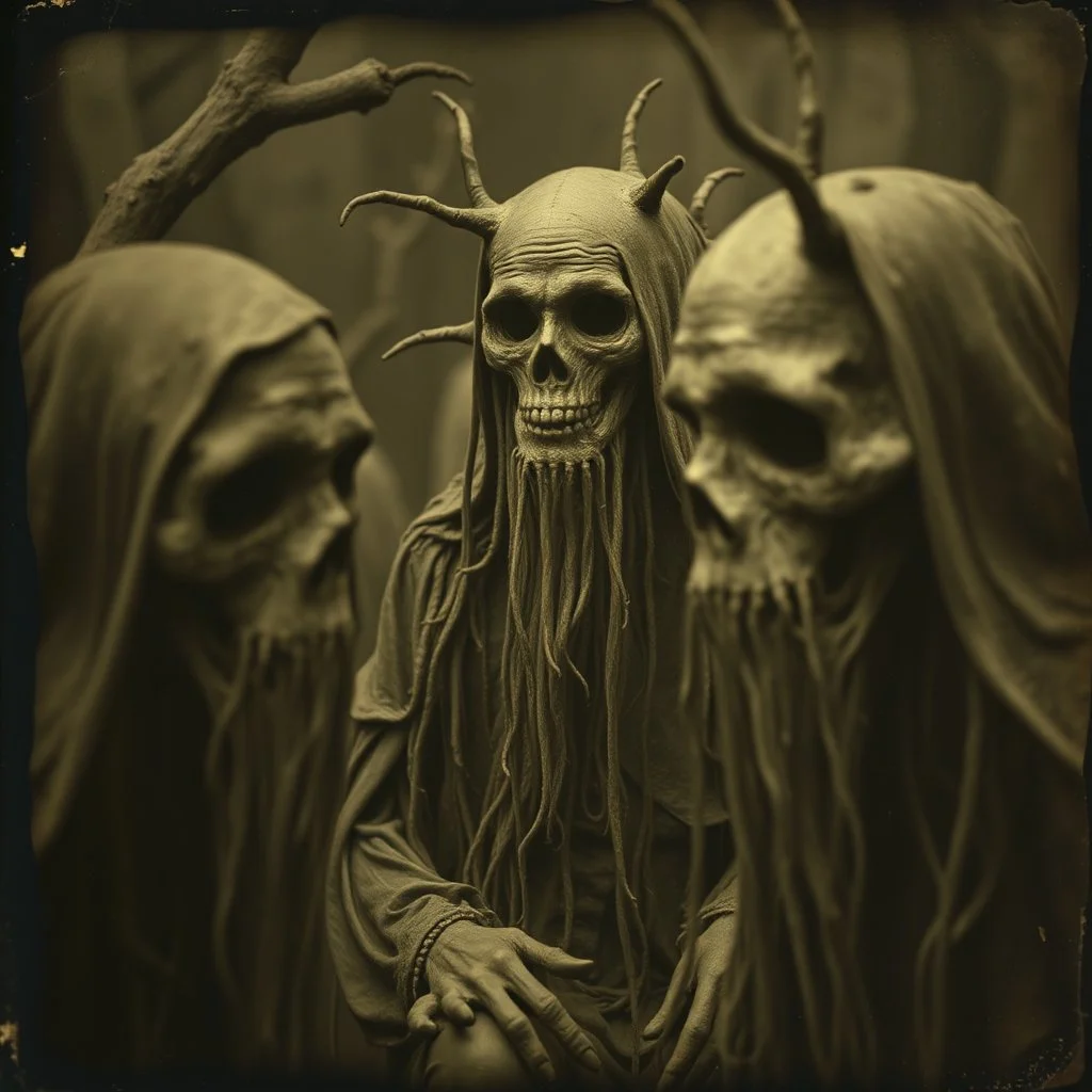 Daguerrotype close up of some mysterious figures, odd background, cinematic, Hieronymus Bosch, Max Ernst vegetal life, rotten, ambient light, cry, ritual