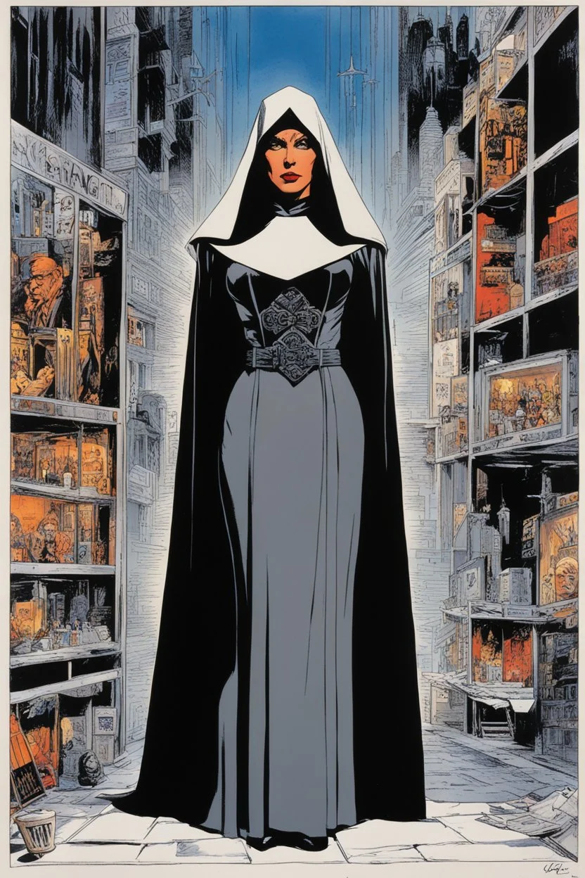 #5 Original Art by Howard Chaykin (Vortex Comic, 1988) the pressure builds. Sister Magda, not a true nun but a leader in the Satanic group "The Order of Boniface." Uschi Digard brings her to life. In the occult book store, she blackmails Beverly Grove, the main character. Magda holds a secret that twists the story. Shadows of deceit and manipulation darken the plot. Good and evil blur. Readers question their morality. Sister Magda's power and knowledge make her formidable. Her secret adds comple