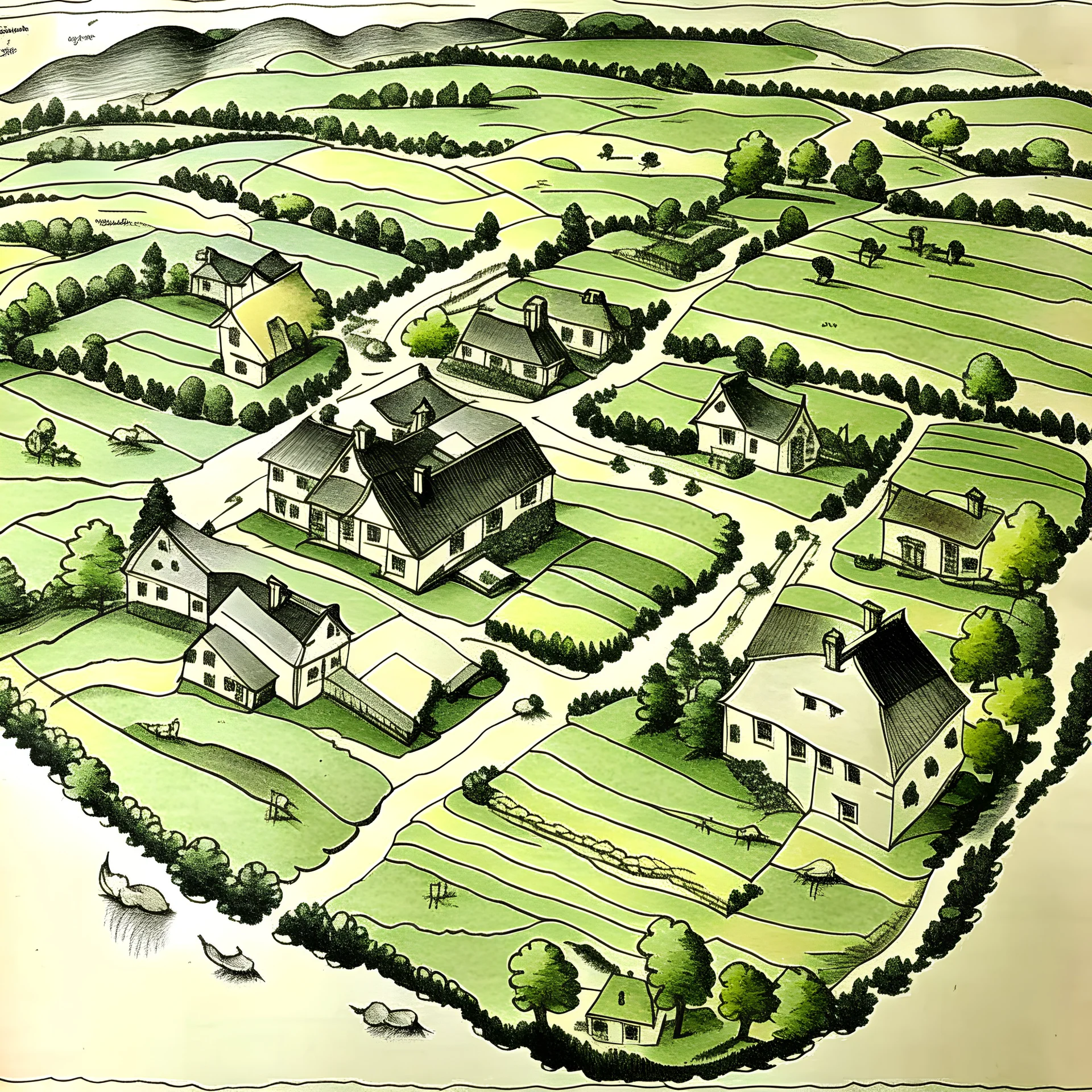 vintage top down map of 18th century New England dairy farm with 2 homes and out buildings connected by roads. cows and sheep