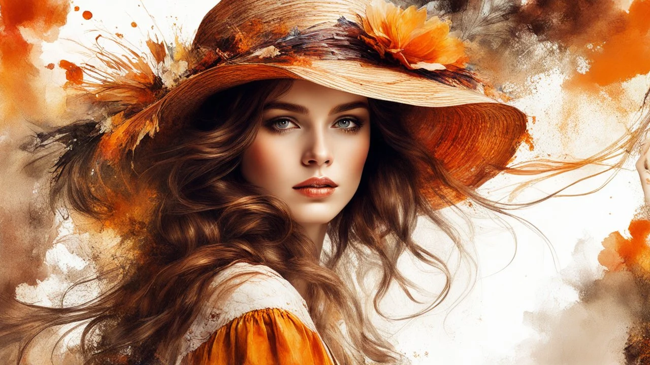 Vintage art, brown and orange shades, sunny day, straw hat for woman, summer dress, splashes of art, in the style of Dante Gabriel Rossetti, Yossi Kotler, Camilla D'Errico, masterpiece, fine art in the style of Carne Griffiths, Paula Hoppe