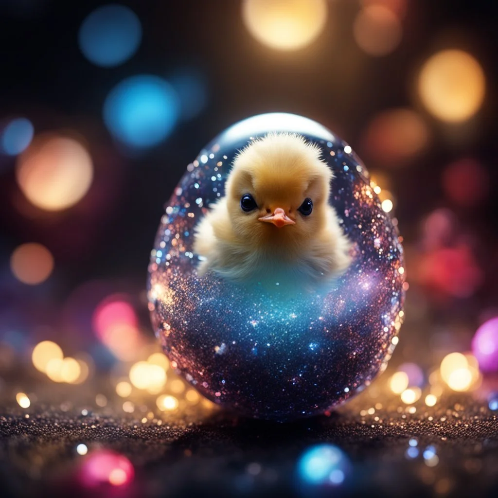 cute baby crystal chick hatch from glass egg, sharp focus, high contrast, dark tone, bright vibrant colors, cinematic masterpiece, shallow depth of field, bokeh, sparks, glitter, 16k resolution, photorealistic, intricate details, dramatic natural lighting