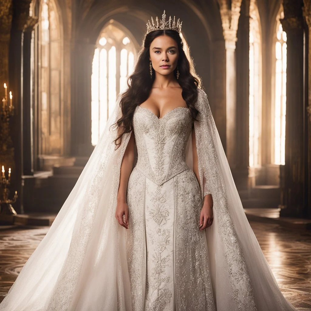 [game of thrones] In the grand throne room of Castle Evermoor, Lady Genevieve embodies grace and elegance, her poise matching that of her husband. Her flowing gown of rich fabric accentuates her beauty, and her eyes sparkle with a mix of intelligence and a gentle warmth that belies her strength. Though she may not hold a position of formal power, her insights and counsel are highly valued by Baron Cedric.