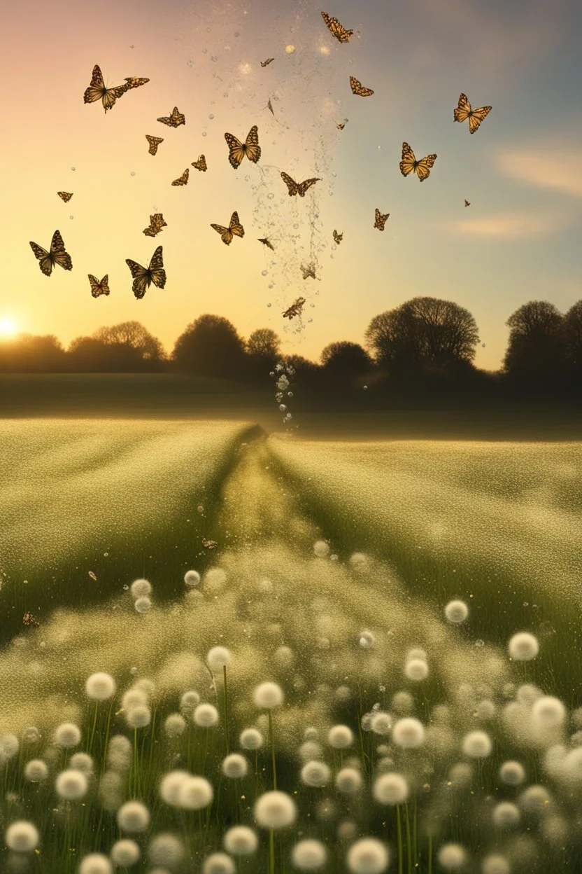 Butterflies and bubbles going up to the sky through a field of dandelions