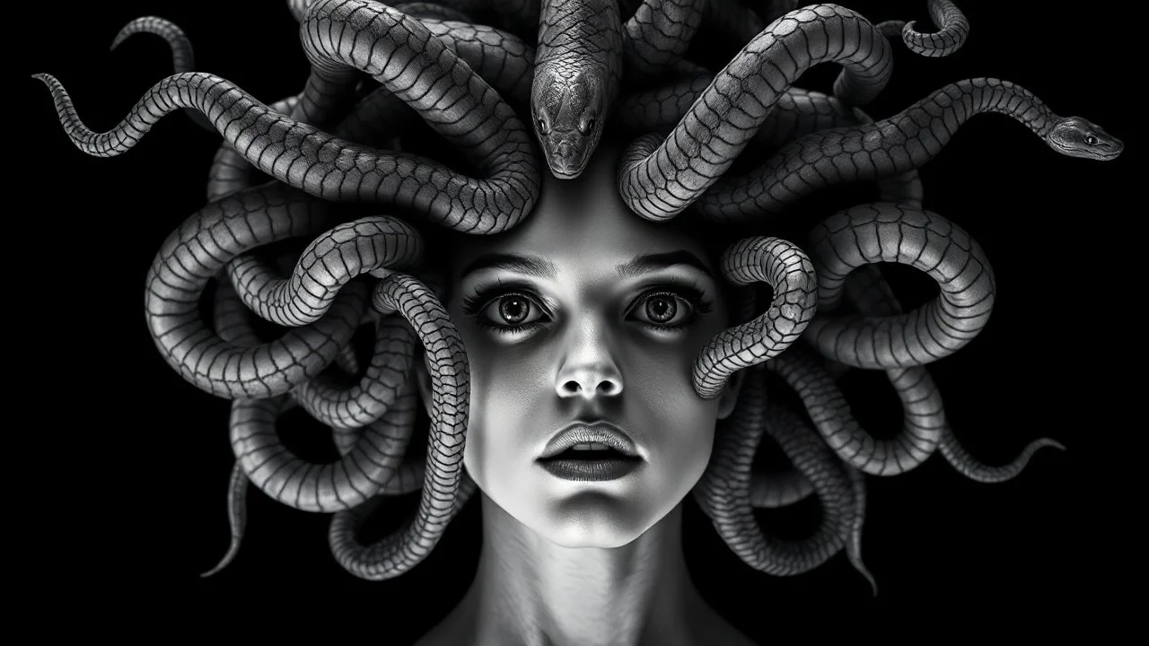 a high quality digital artwork of an attractive woman, Medusa head with many hair snakes, view with hate, mysterious, confusing, digital painting, metaphorical, powerful image, deep meaning image, cinematic, black and white color, low Angle shot, Three-Quarter View, black background, realistic 8k