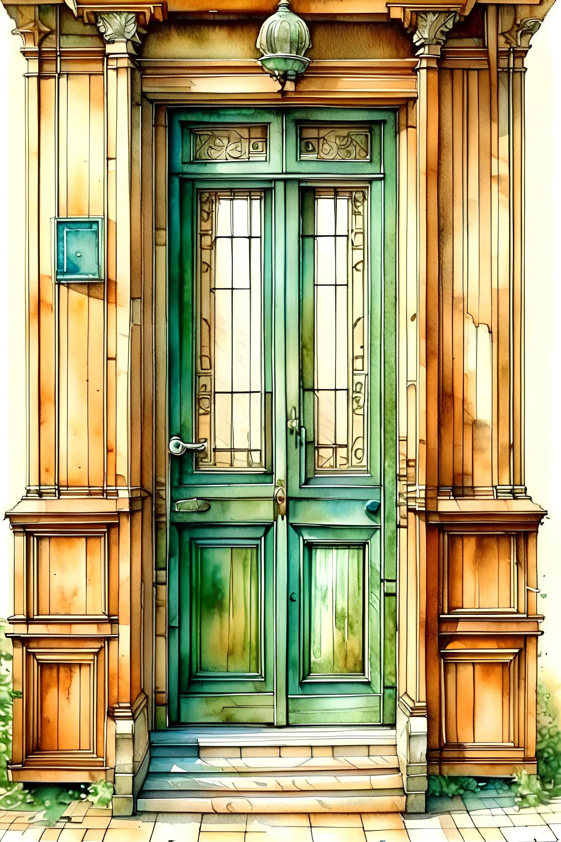 aquarell of a vintage wooden door, victorian style, hardwood, glass, little windows