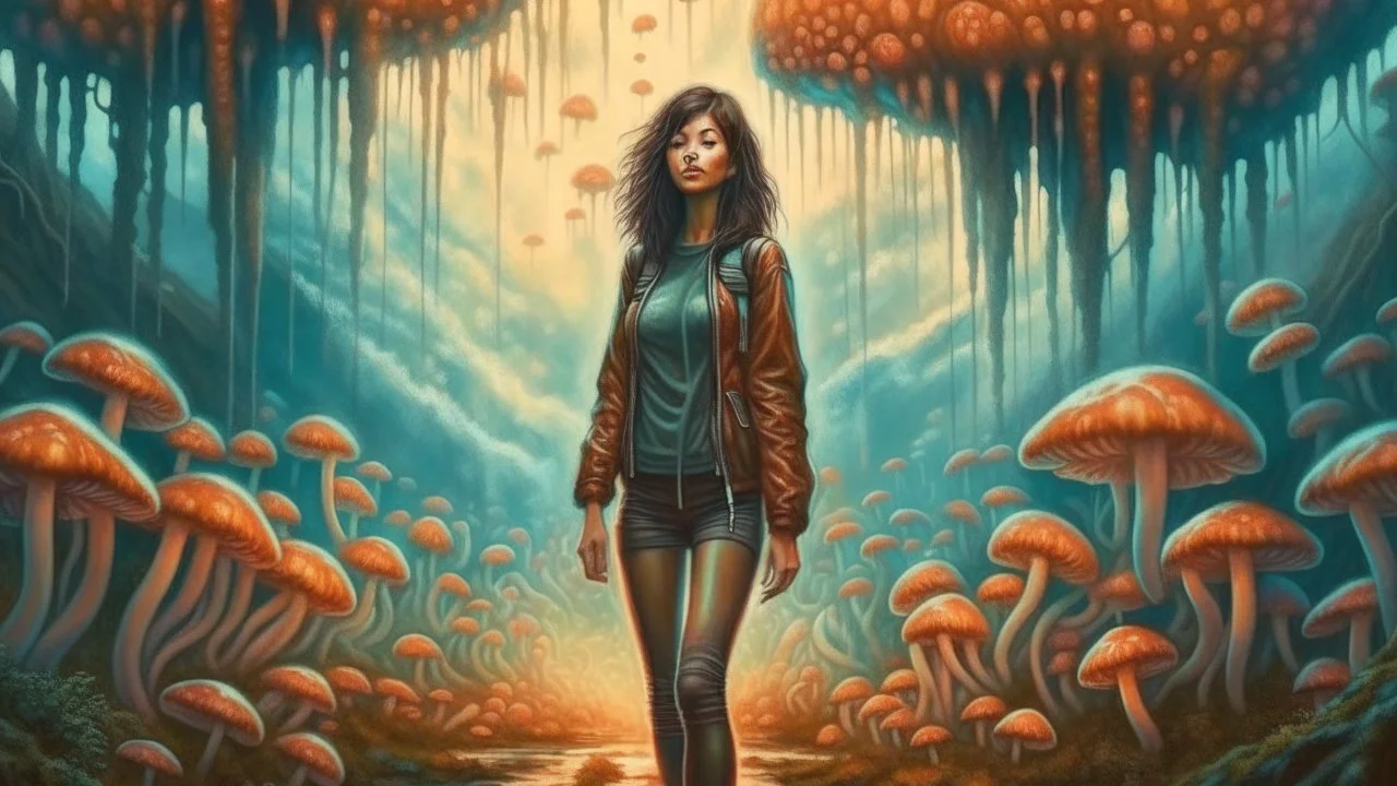 woman with black hair, in light brown leather trousers and jacket, walking through a forest of Alien mushrooms with jellyfish tentacles, photorealistic, Deep Colour, Intricate Detail, Keith Parkinson