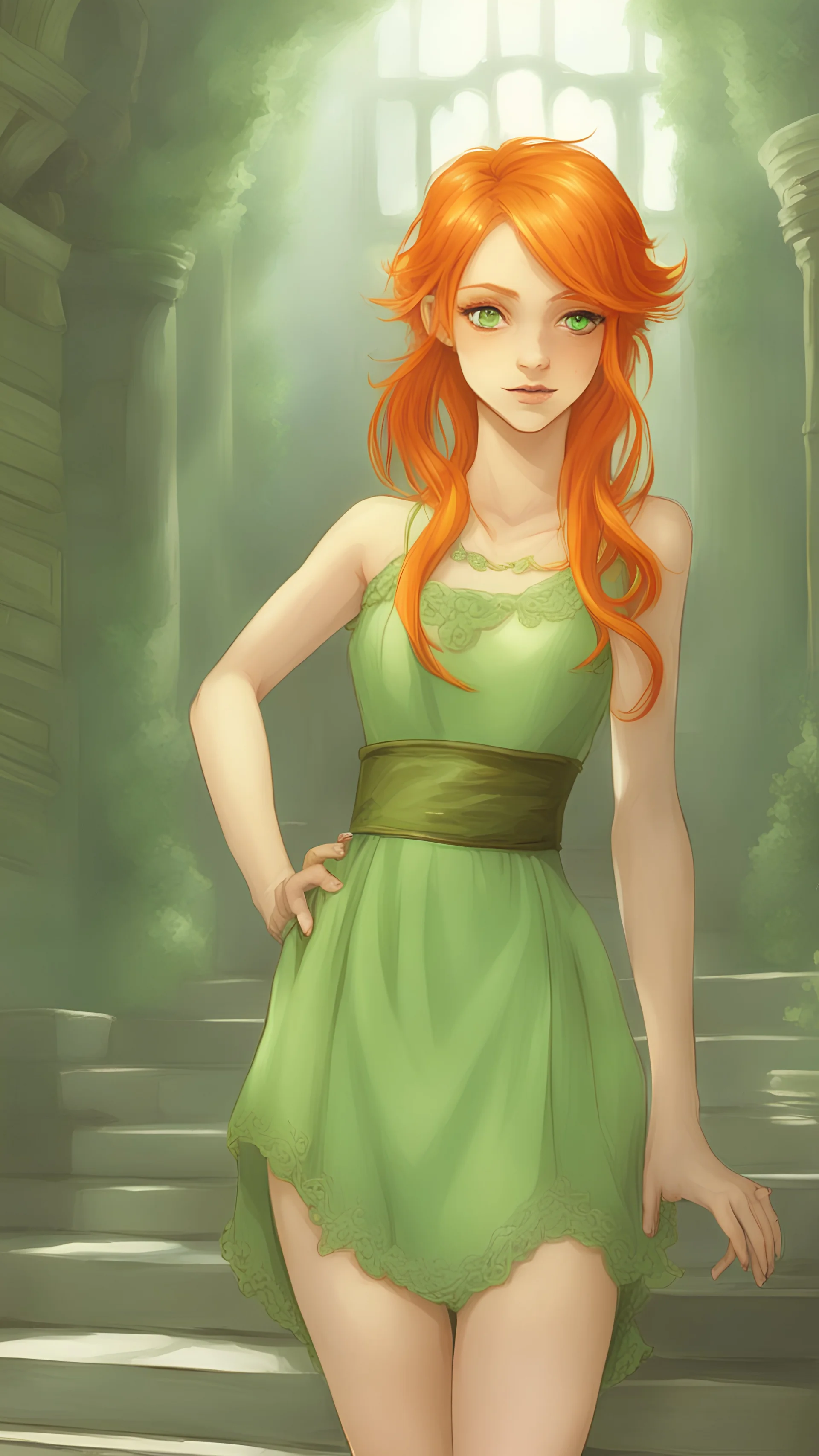 Hot Elf with orange hair and glowing green eyes She wears a light green dress