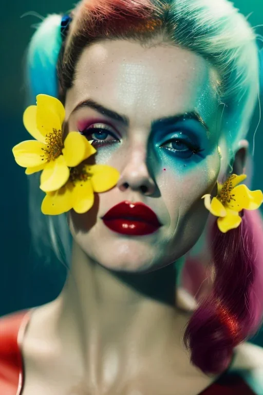 Eva Herzigova Harley Quinn underwater with yellow flowers for hair, closed eyes, rtx, reflection, 8k, glow, winning photography, caustics