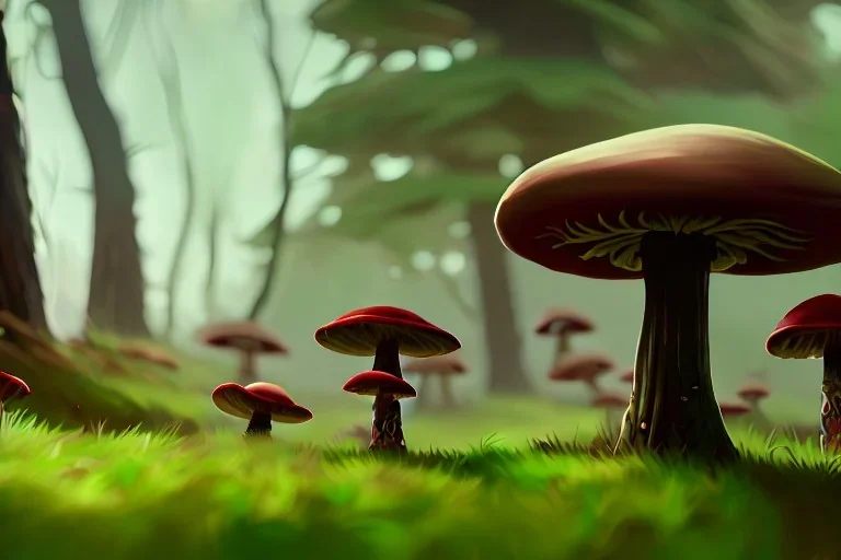 mushrooms, wearing a hat, forest, red, white, green grass, tall, trees in background, detailed