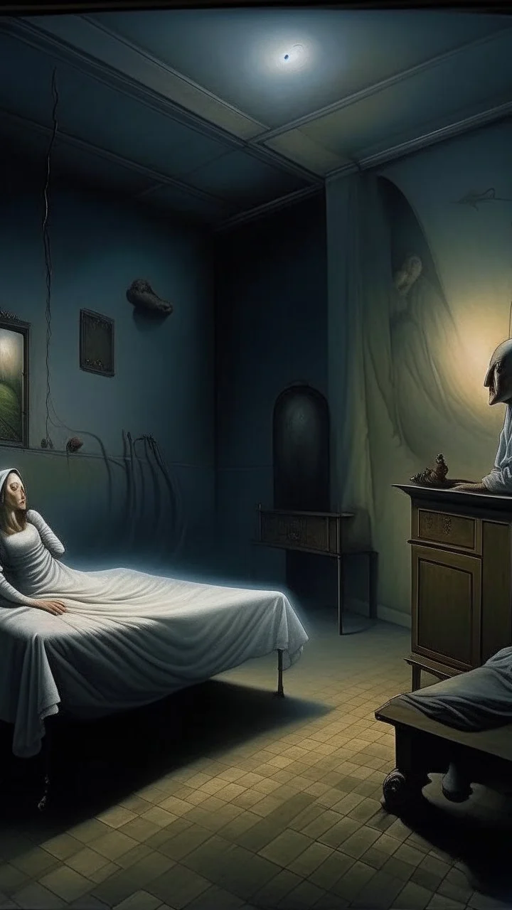 Woman spends a sleepless night inside a dark room in a delusional state haunted by ghostly images, paint it in the Bosch nightmares style, as if the woman is horrified