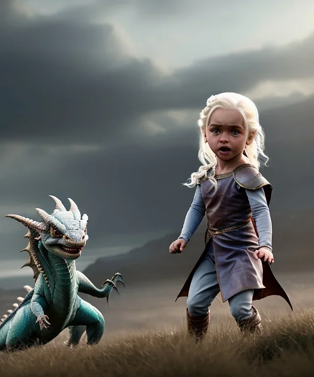 Daenerys Targaryen toddler, dragon, full body, dramatic lighting, angry, hyper realistic,