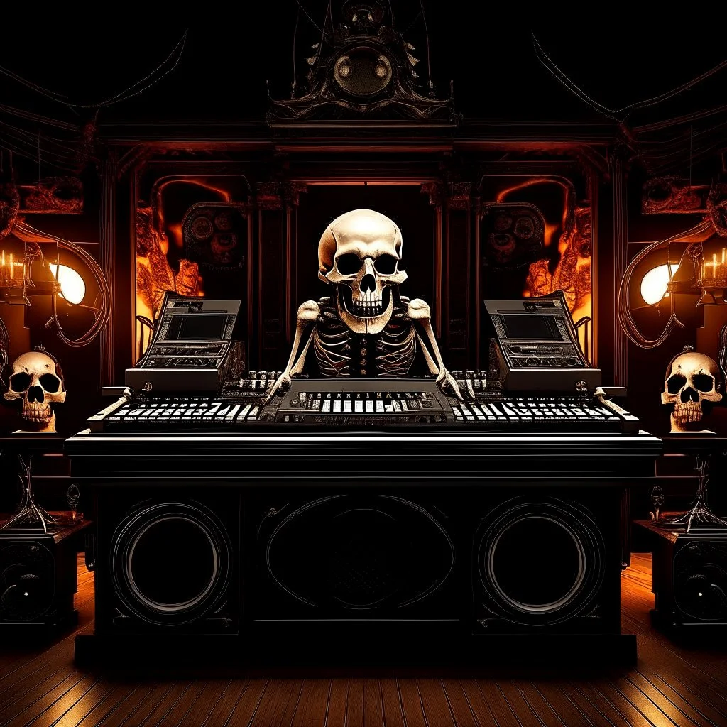 DJ of the damnded, insanely detailed DJ booth in hell, MID set, speakers and equipment made of bone, anatomically correct, add more skulls in th audience, photorealism, vray, 8k 3d