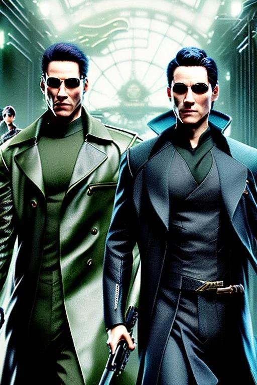 The Matrix twins, dreadlocks, white suits, resolution, intricate details, ornate details, soft lighting, vibrant colors, retroanime, masterpiece