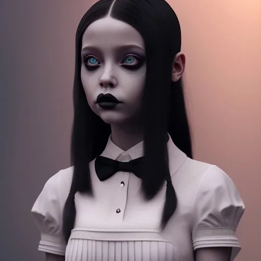 Jenna ortega black dress,soft goth libstick, wednesday addams family make up, brad double wig, addams family style, highly detailed, volumetric lighting, unreal engine, 8k