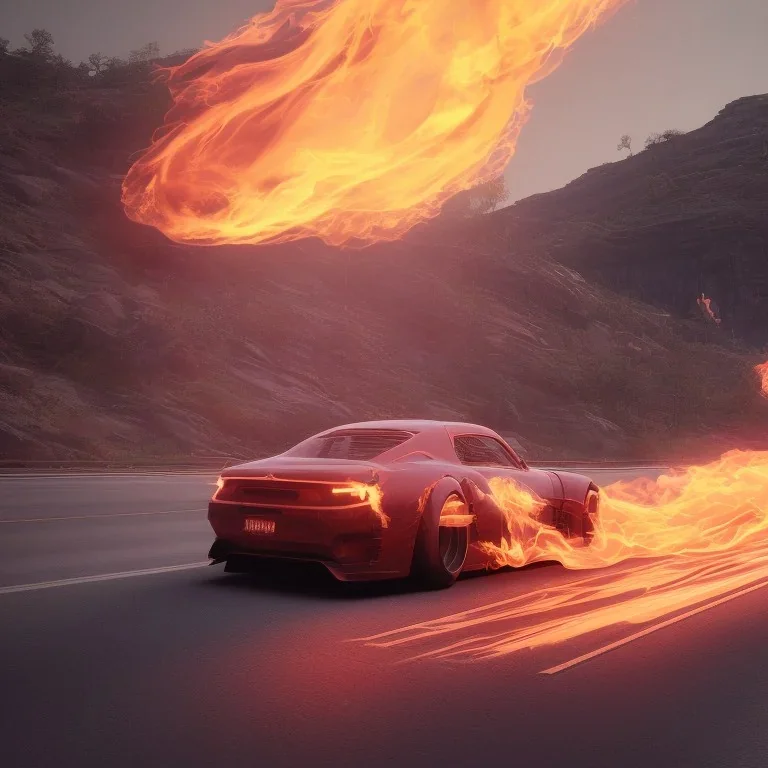 car with flames speeding on highway