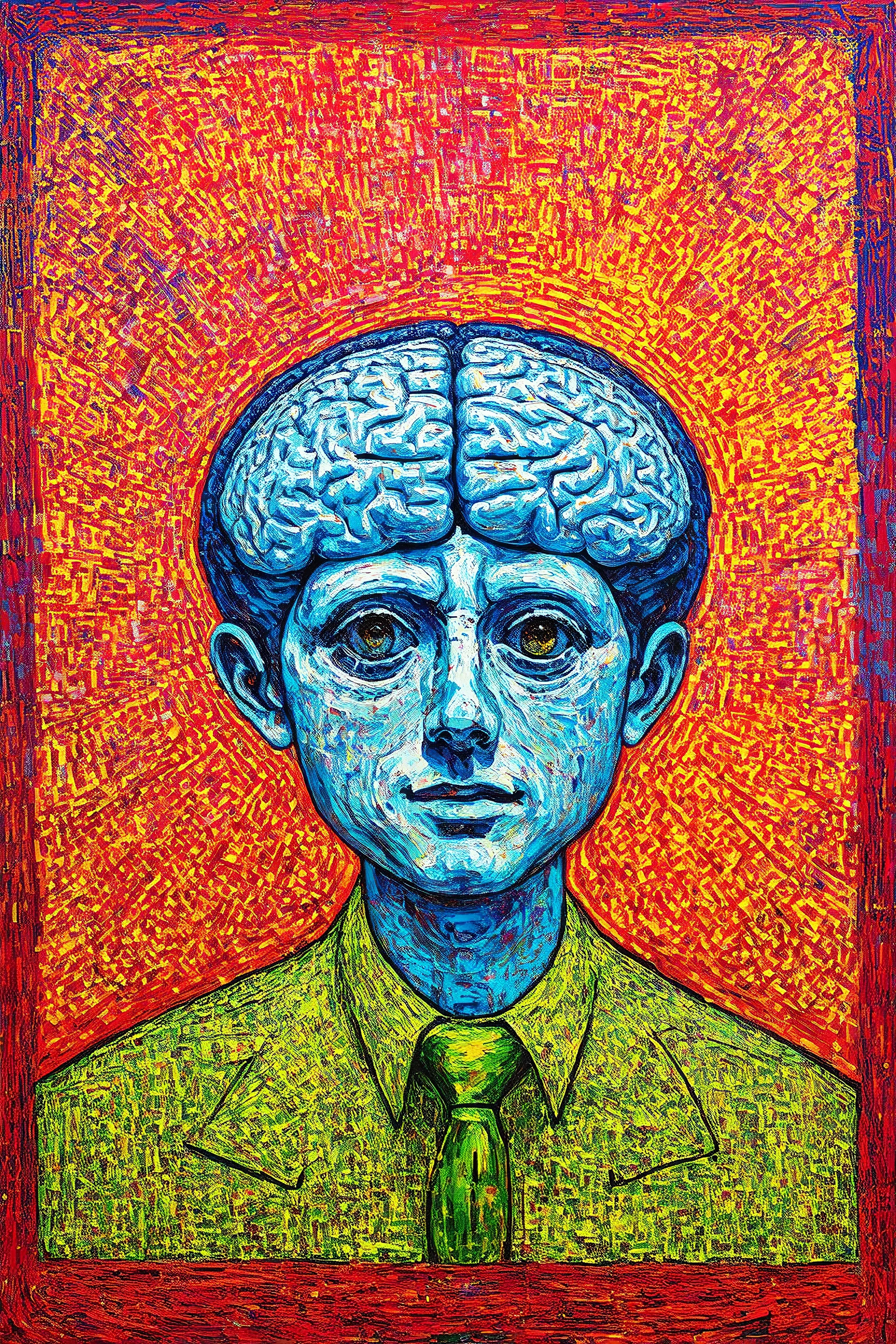 Consciousness is not part of the brain, but a fundamental field that penetrates everything; a surreal mashup of the styles of Philip Guston and Paul Klee