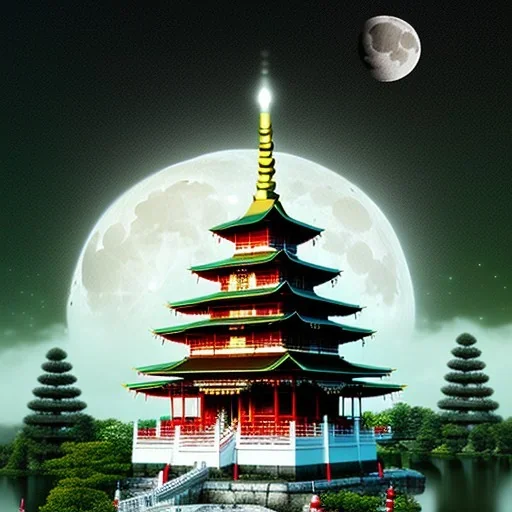 A beautiful temple in the Zapany style on a green mountain and full of cherry trees with spring pink blossoms, the golden bells of the temple ring and announce the full moon at night. High quality,high details, hd, hyper details, black sky night, full moon , Japan style and Temple