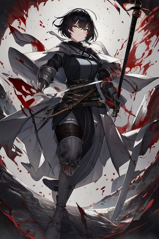 Anime girl with short black hair and sharp green eyes, holding a pike, full body black and white metal plate armour, full body shot, Dramatic lighting,1woman, soaked in blood, Warrior, standing pose, sword at the waist, close shot