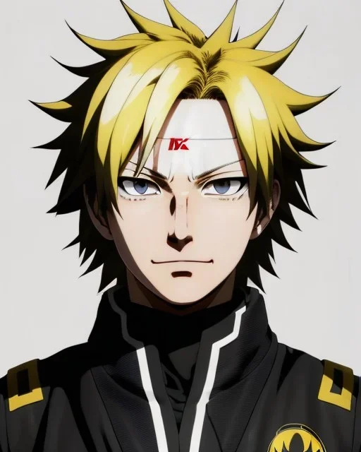 Detailed anime portrait of denki Kaminari from my hero academia, gold hair and golden eyes, black suit, intricate details, full body portrait, keep head in frame, slight smile, black Japanese motif, concept art, highly detailed, digital painting, concept art, sharp focus, illustration, art by Yoji Shinkawa, WLOP and greg rutkowski and alphonse mucha and artgerm and yanjun Chen and Junji ito and Makoto Shinkai, HDR, octane render