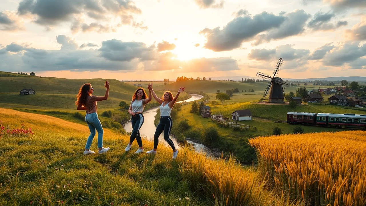 a group of young ladies in sports pants and blouse are dancing to camera in village over high grassy hills,a small fall and river and wild flowers at river sides, trees houses ,next to Ripe wheat ready for harvest farm,windmill ,a pretty train is passing ,cloudy sun set sky