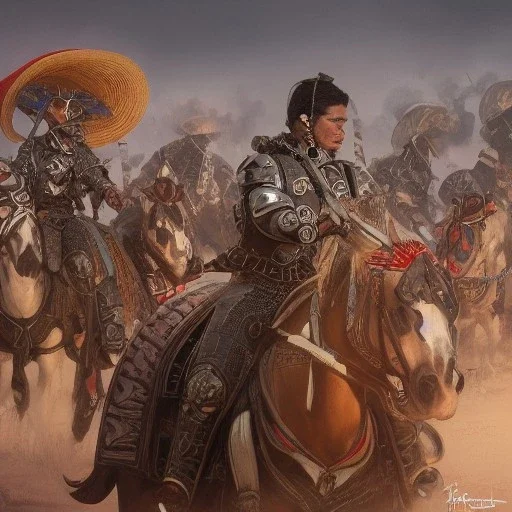 portrait,"Insanely detailed photograph of an armored gang of mariachi warriors", intricate chainmail charo, large colorful Sombrero,elegant cape, highly detailed D20, digital painting, artstation, concept art, smooth, sharp focus, illustration, art by artgerm and greg rutkowski and alphonse mucha, 8 k