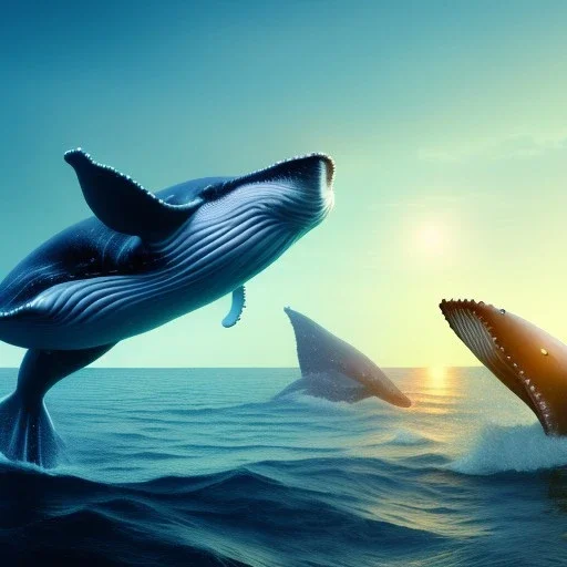 Whales in the sky, high key lighting, volumetric light high details, octane render, redshift render, ambient lighting, sunset