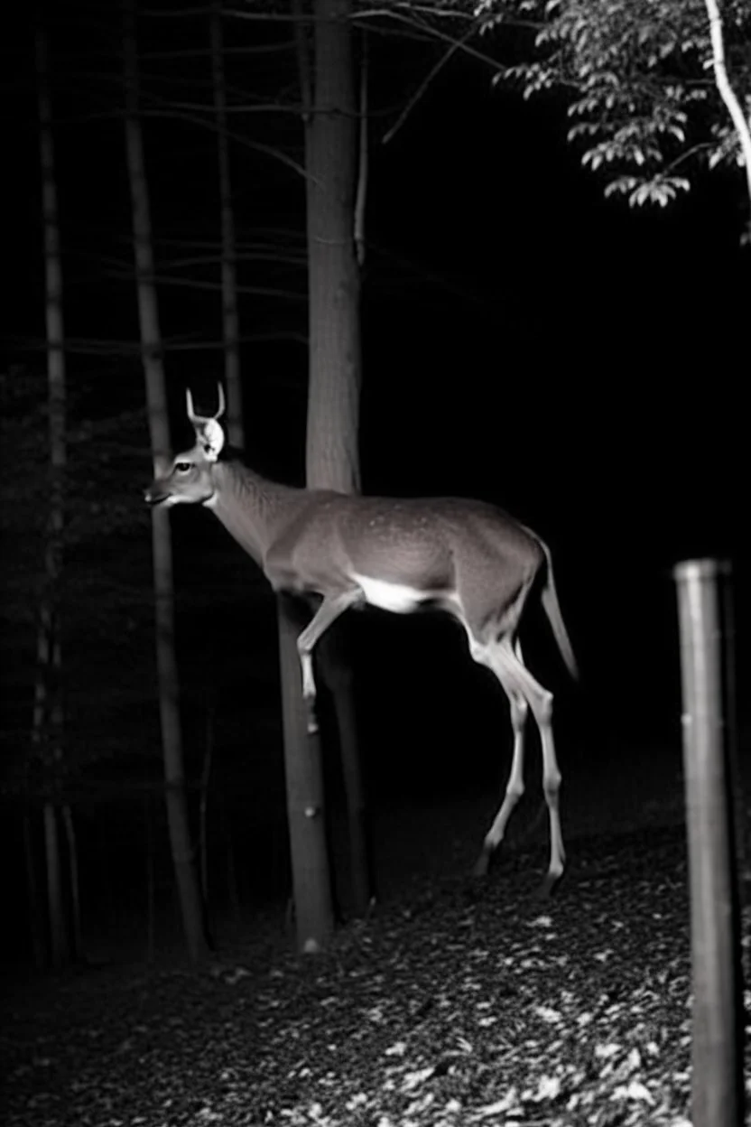 deer, Legs bent backwards, Barrel chested/bloated abdomen, Emaciation, Eyes belonging to unrelated animals, Forward-facing eyes, General bodily disfigurement, on hind legs, black and white