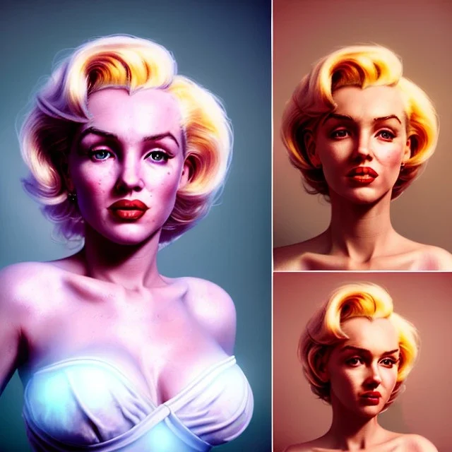 Realistic image portrait, waist up view, blonde woman, sweet Marylin Monroe face, perfect iris, glow eyes, classic super hero dress, highly detailed, unreal engine 5, ray tracing, RTX, lumen lighting, ultra detail, volumetric lighting, 3d, finely drawn, high definition, high resolution.