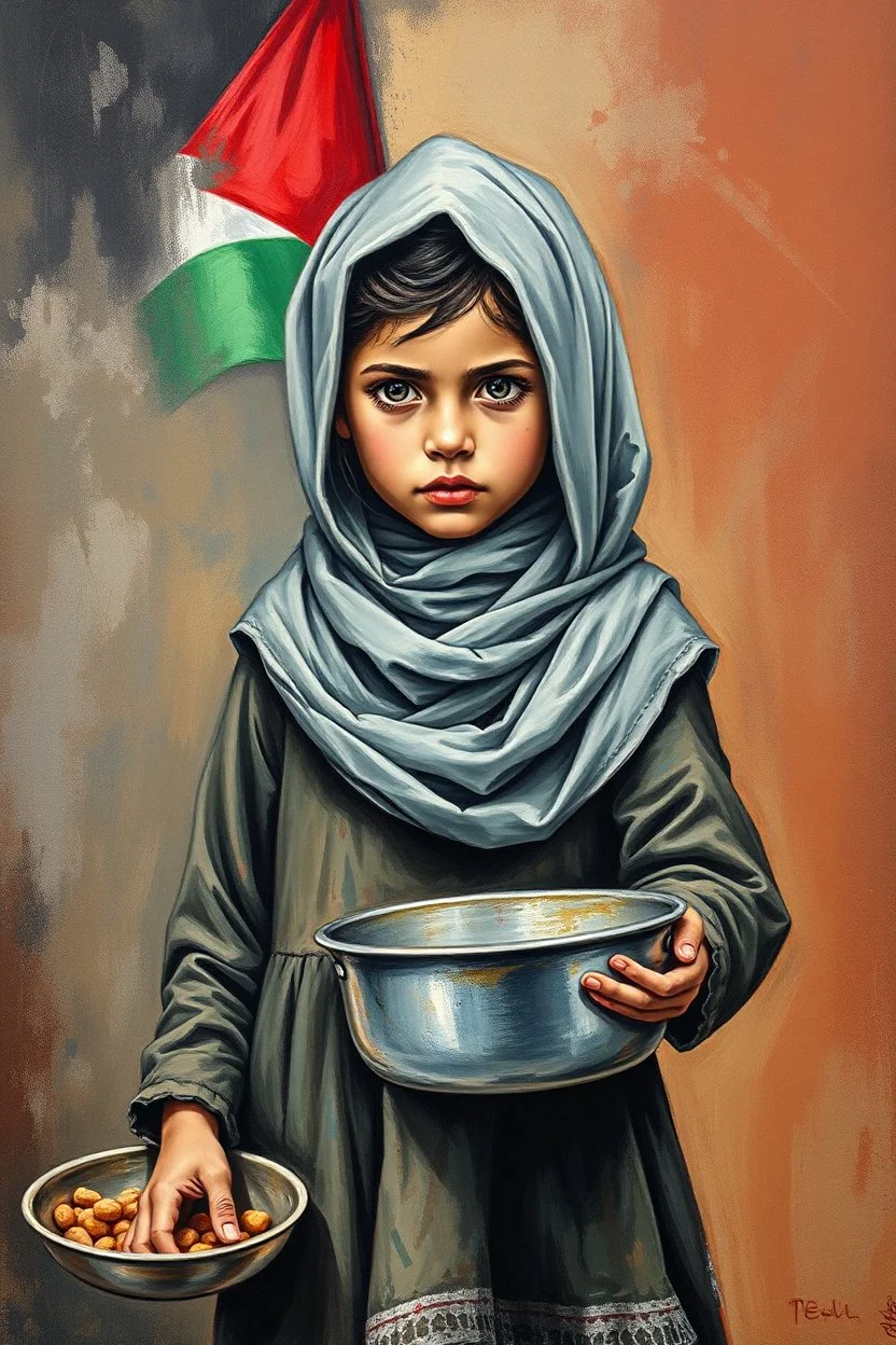 an expressive painting of a 3 years old girl poor with Ruth clothes standing in line with out her children’s asking for food with a pan in her hand painting, with Palestinian flag in the background, we might see a companion with features of absolute strength and determination, blended with warmth and deep faith. Perhaps his face expresses wisdom and courage, with eyes radiating confidence and faith.
