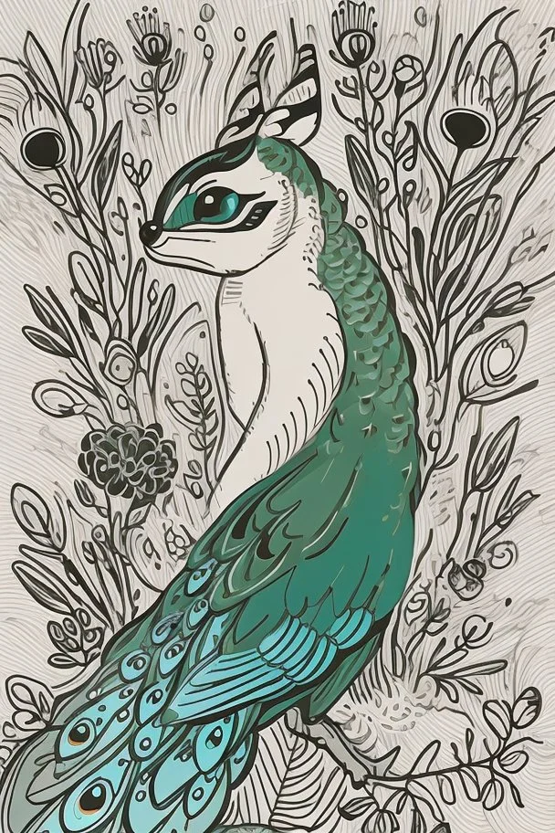 A delightful coloring page design showcasing an adorable baby peacock in a charmingly naive art style. The artist has skillfully created a whimsical scene with minimal details and a focus on bold, thick black outlines. The endearing fox, prominently positioned in the center, is the highlight of this illustration. The all-white background beautifully complements the simplistic design, allowing young artists to unleash their creativity. As the baby fox takes center stage, a subtle hint of its