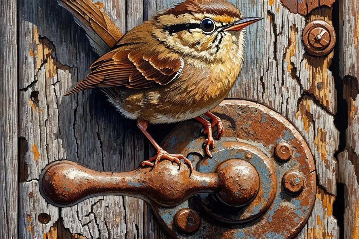 Small brown wren with intricate feathers perched on a weathered barn door, the door is cracked and rotting with a rusting handle, intricate woodgrain patterns with peeling paint, rusted bolts, deep textures, acrylic art, highly detailed