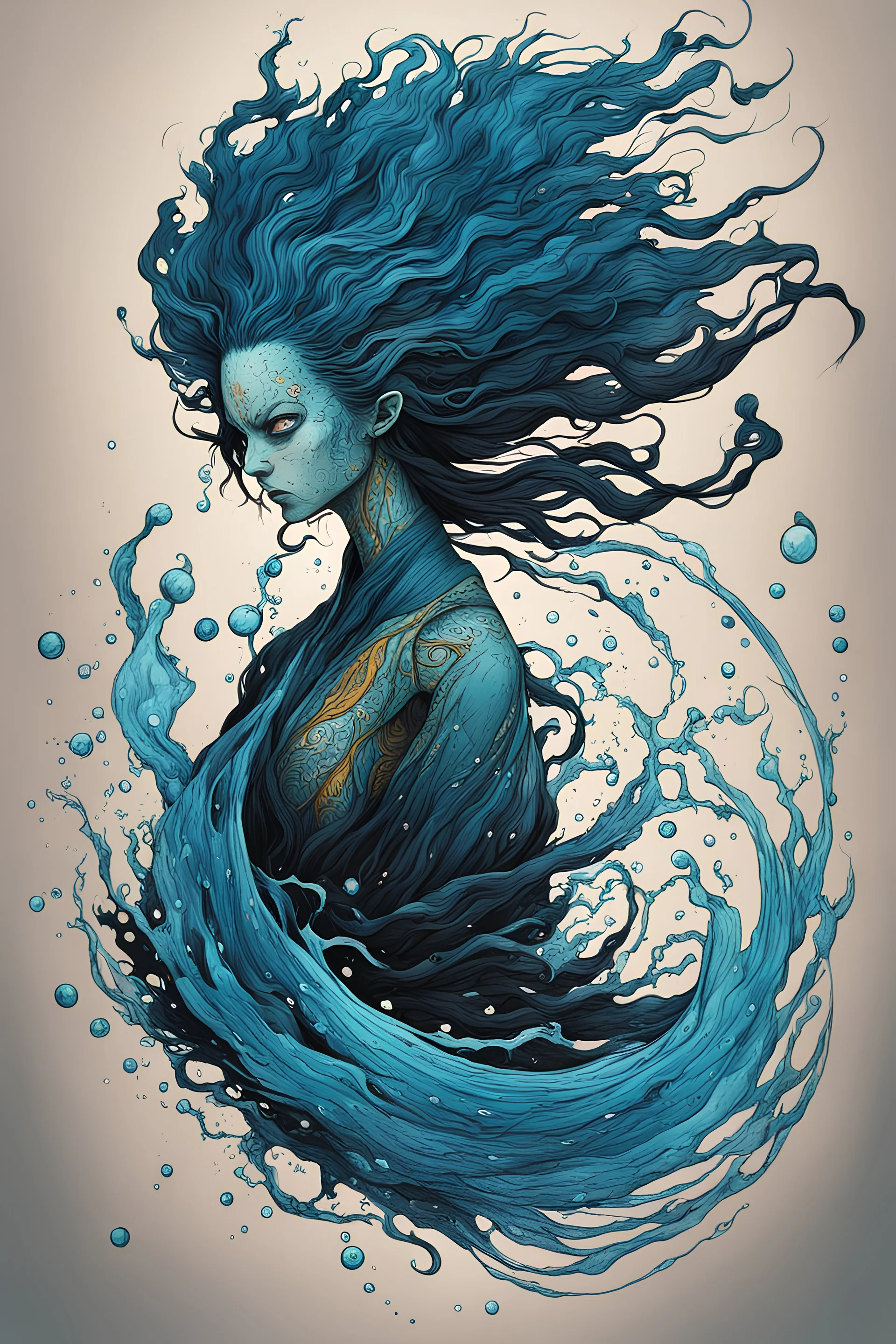 illustration of a shape shifting female Funayurei water spirit in the style of Alex Pardee , Jean Giraud Moebius, and Katsushika Hokusai, highly detailed, boldly inked, deep murky aquatic color