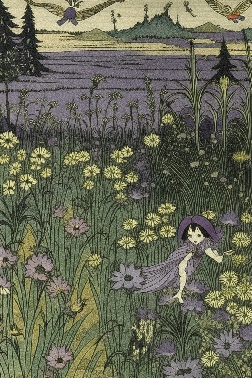 A grayish purple floral grassland with fairies designed in Navajo yarn painted by Utagawa Hiroshige