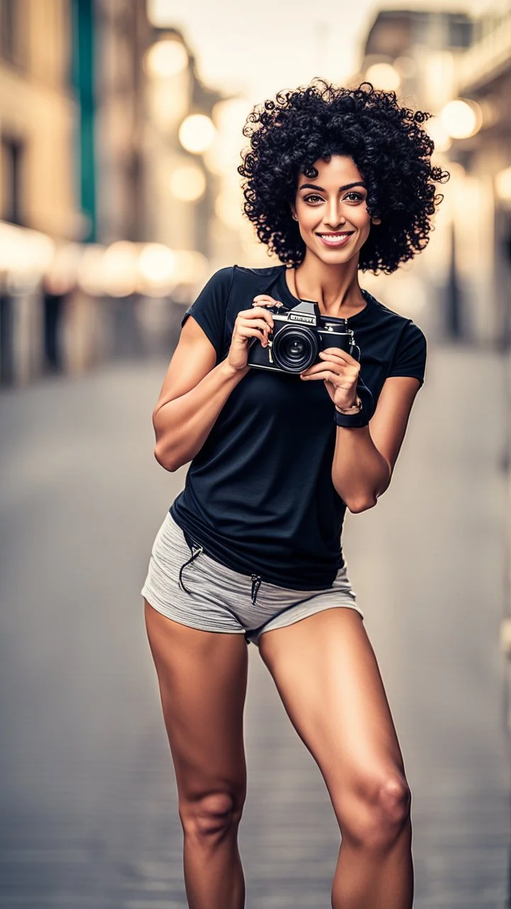 A realistic selfie-style self-portrait of a confident influencer aged arab 33 year old in an urban setting, dressed in trendy sportswear or beachwear to showcase her slender figure. Her creative curly black hair shines under softbox lighting accentuating her flawless skin. The vintage camera shot with a macro lens introduces a charming bokeh effect. Every detail, from her complexion to body contour, is outlined for a high-quality image –ar 4:5 –testp –upbeta –octane.